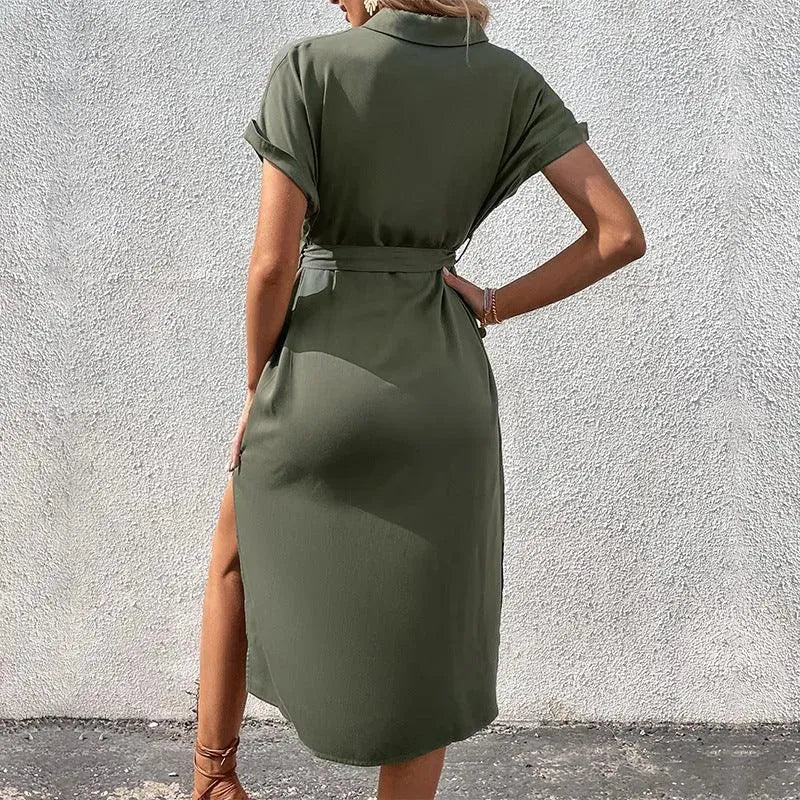 Levoire | Robe d'été longue à manches courtes, avec lien et col replié
