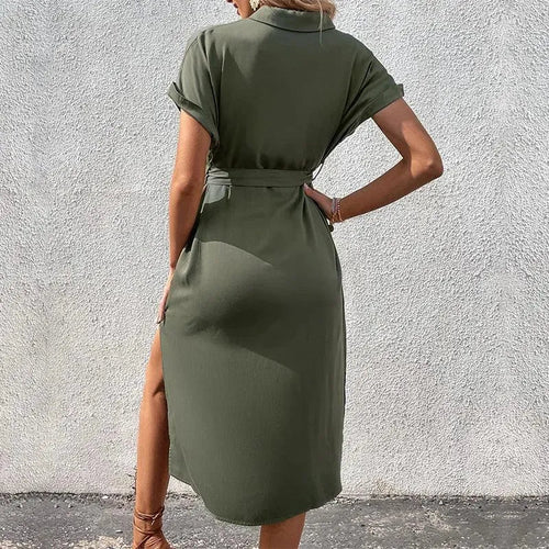 Levoire | Robe d'été longue à manches courtes, avec lien et col replié