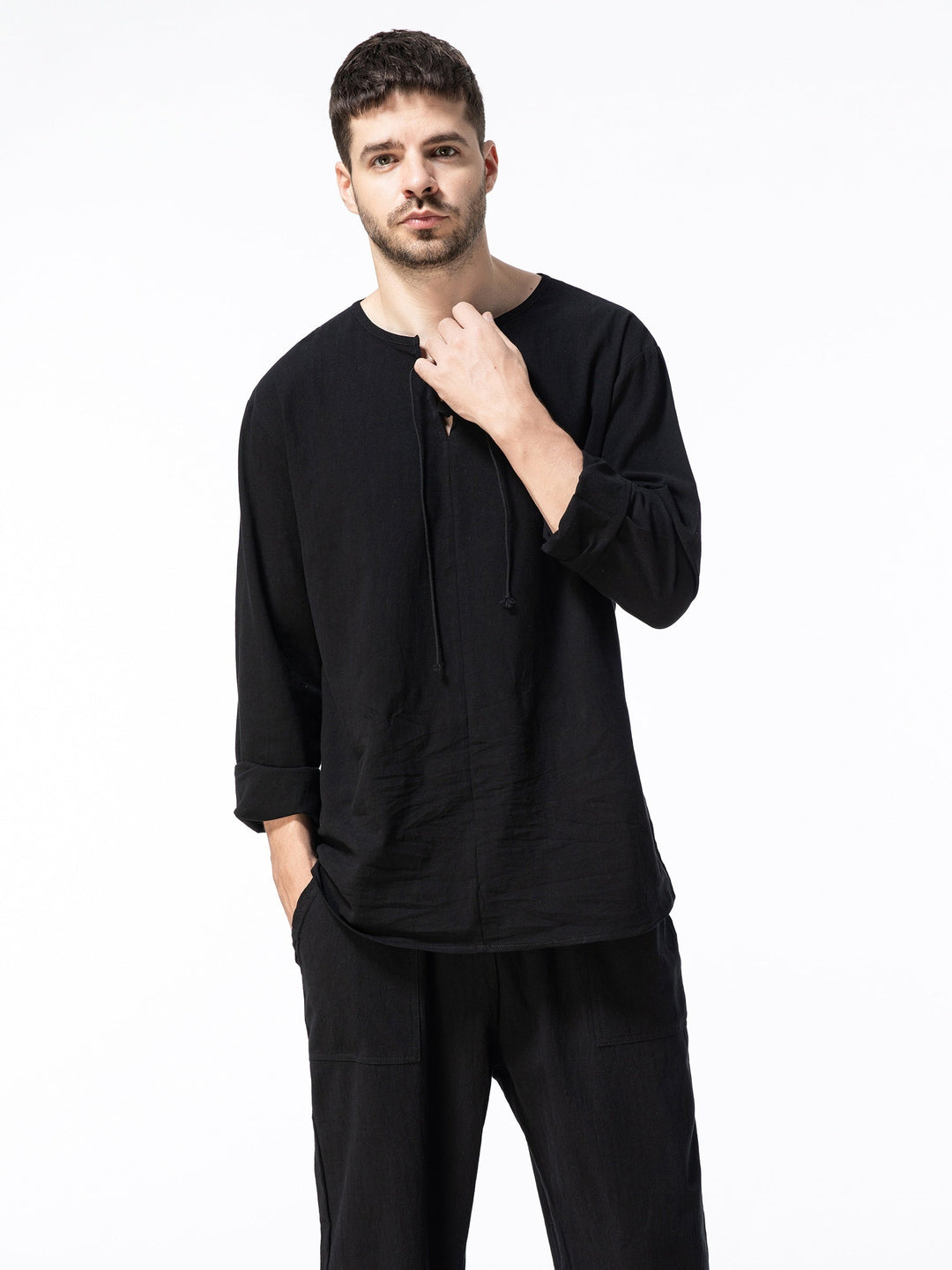Levoire | T-Shirt Henley À Manches Longues En Mélange Coton-Lin Printemps/Automne Noir