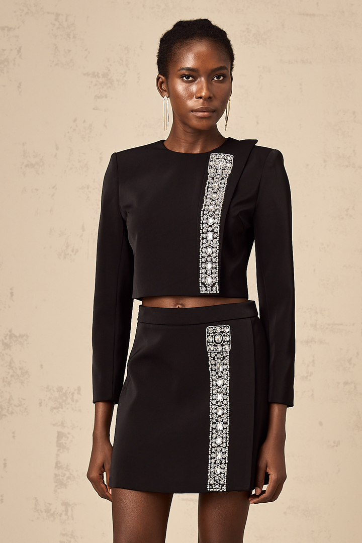 Levoire | Haut De Tenues Avec Cristaux Noirs Et Jupe Ensemble Assorti