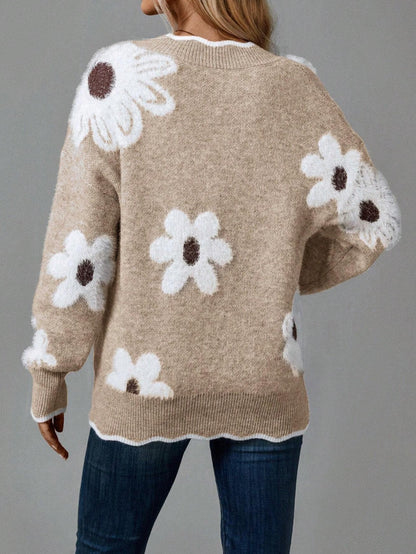 Levoire | Comfortable V Neck Floral Sweater With Long Sleeves