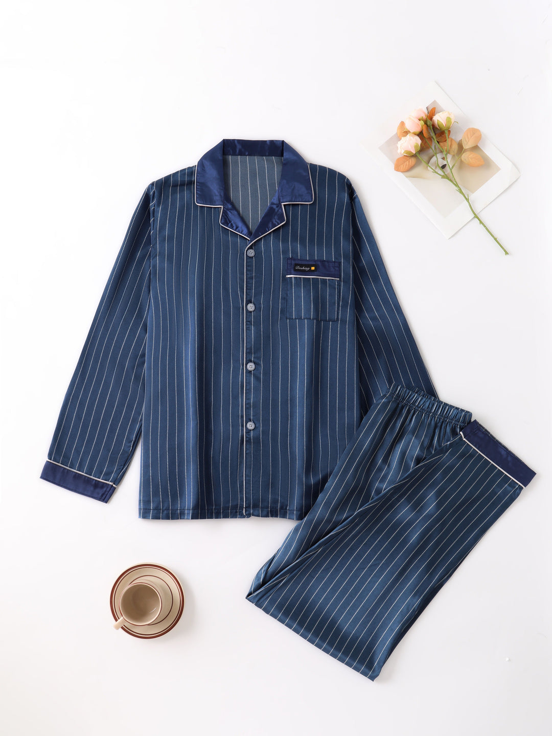Levoire | Ensemble De Pyjama En Satin Rayé Pour Hommes À Manches Longues Bleu