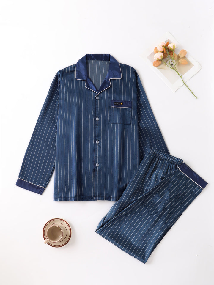 Levoire | Ensemble De Pyjama En Satin Rayé Pour Hommes À Manches Longues Bleu