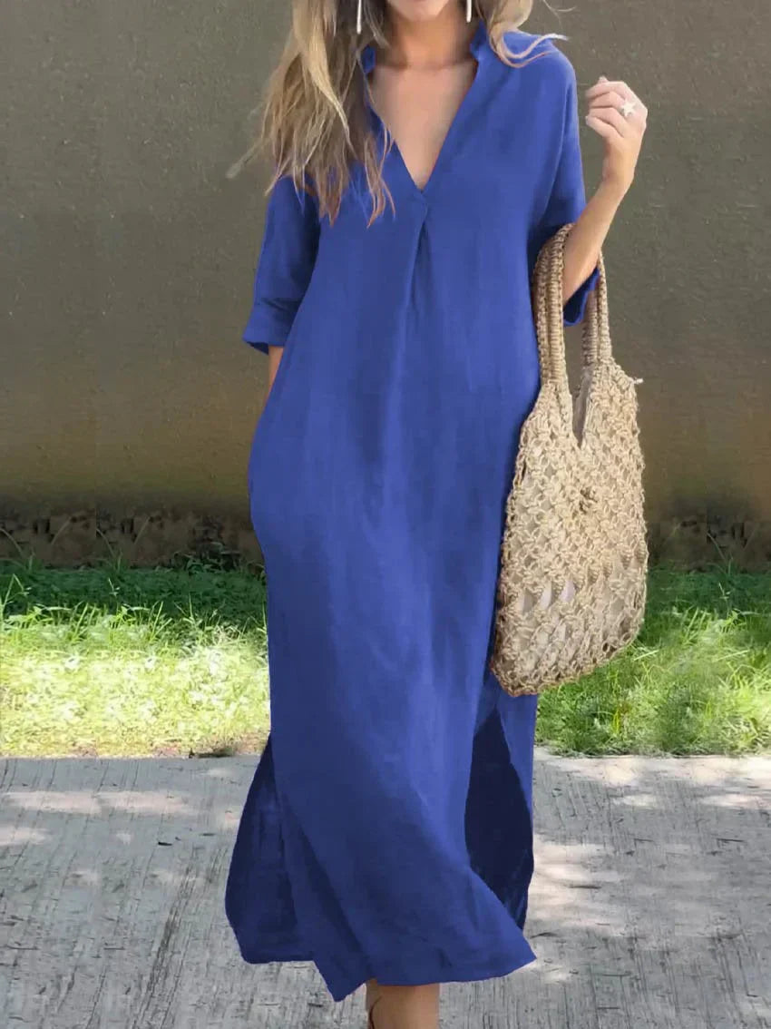 Levoire | Robe en lin à col en V de couleur unie pour femme, avec poche et col en V Bleu