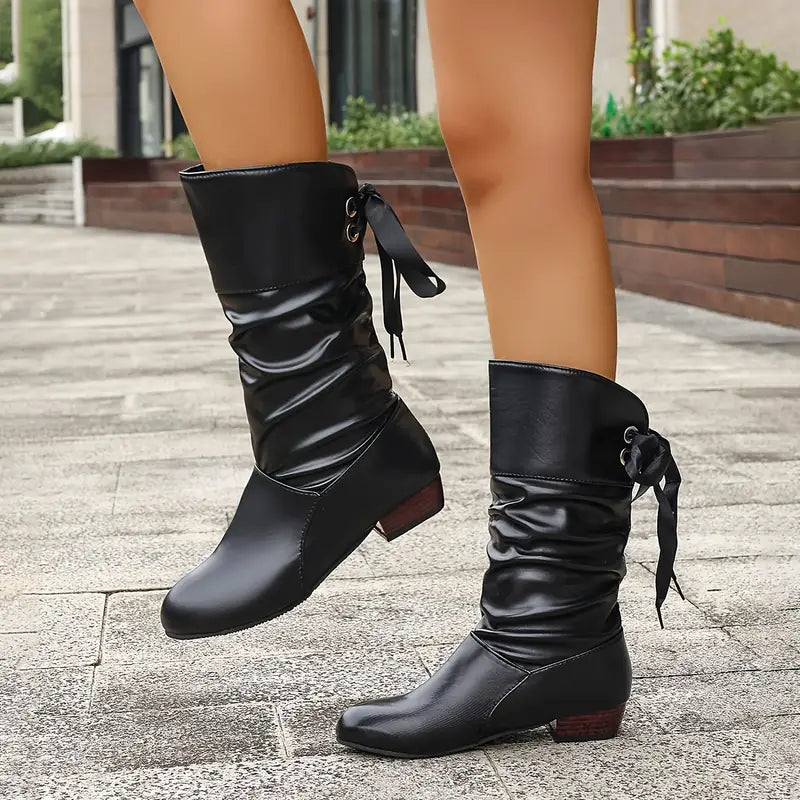 Levoire | Bottes à Lacets Femme Tendance à Talons Épais Mi-Mollet