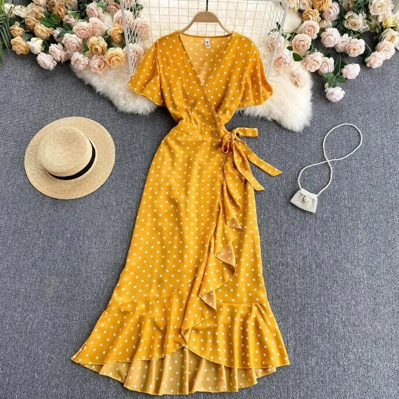 Levoire | Robe mi-longue pour femmes avec pois et volants Jaune Une taille