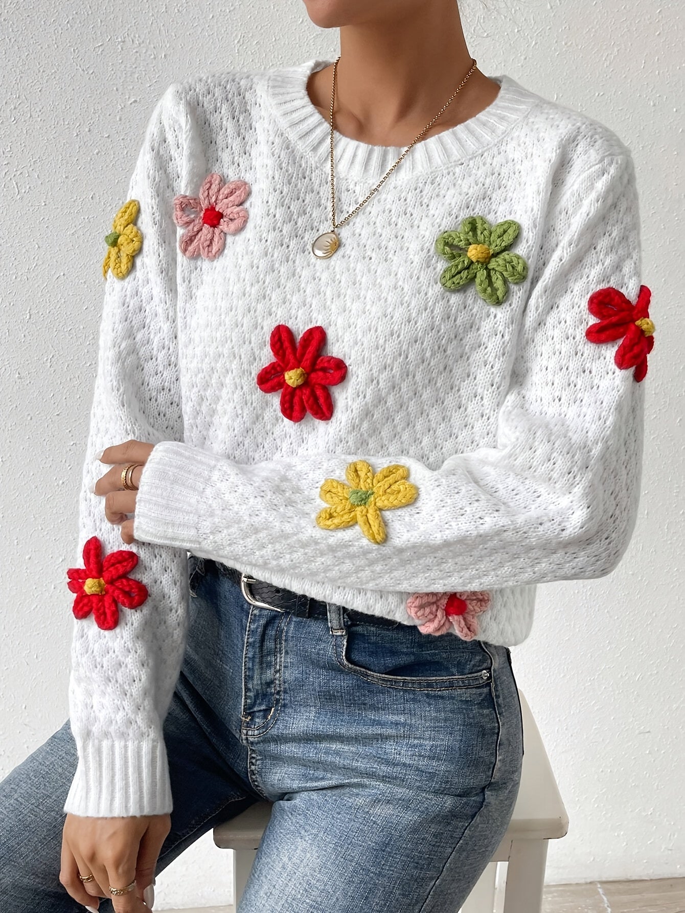 Levoire | Pull En Maille Avec Col Rond Et Motif Floral