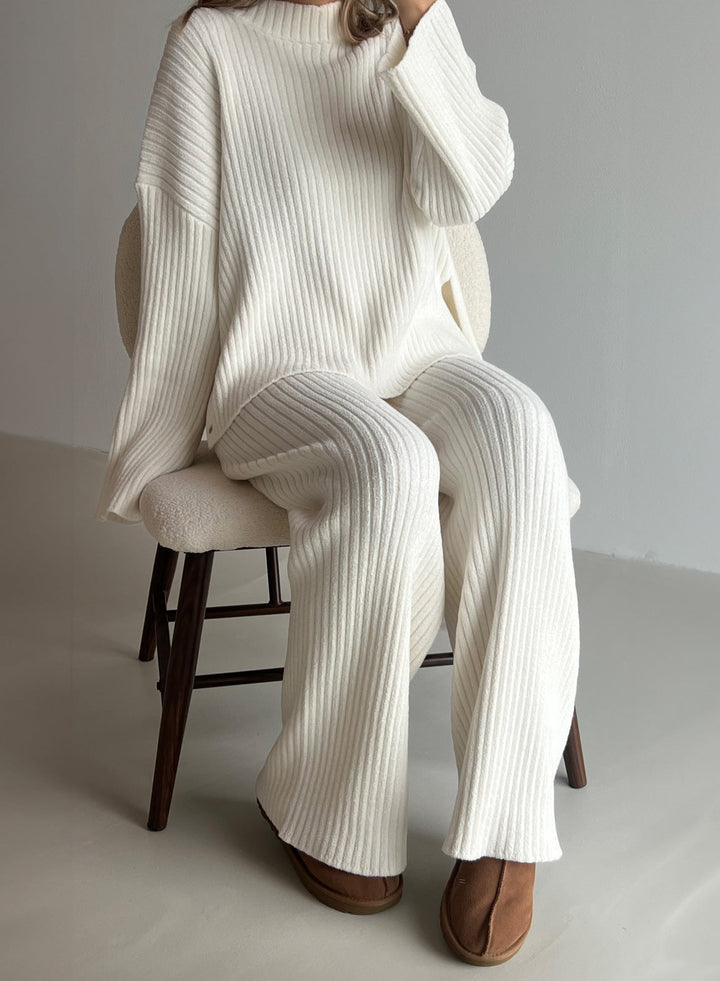 Levoire | Manteau Blanc Cassé Pantalon En Tricot Côtelé
