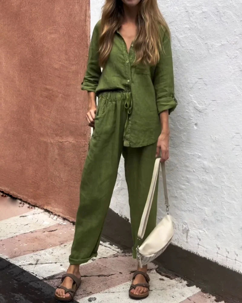 Levoire | T-Shirt Décontracté À Col En V & Ensemble Pantalon En Coton-Lin Vert armée