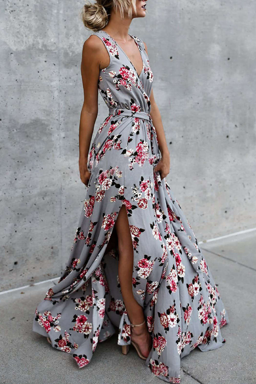 Levoire | Bohème Imprimé Floral V encolure Robe Sans Manches Wrap