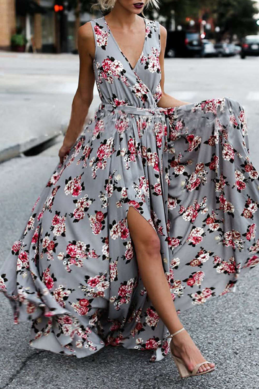 Levoire | Bohème Imprimé Floral V encolure Robe Sans Manches Wrap Multicolore