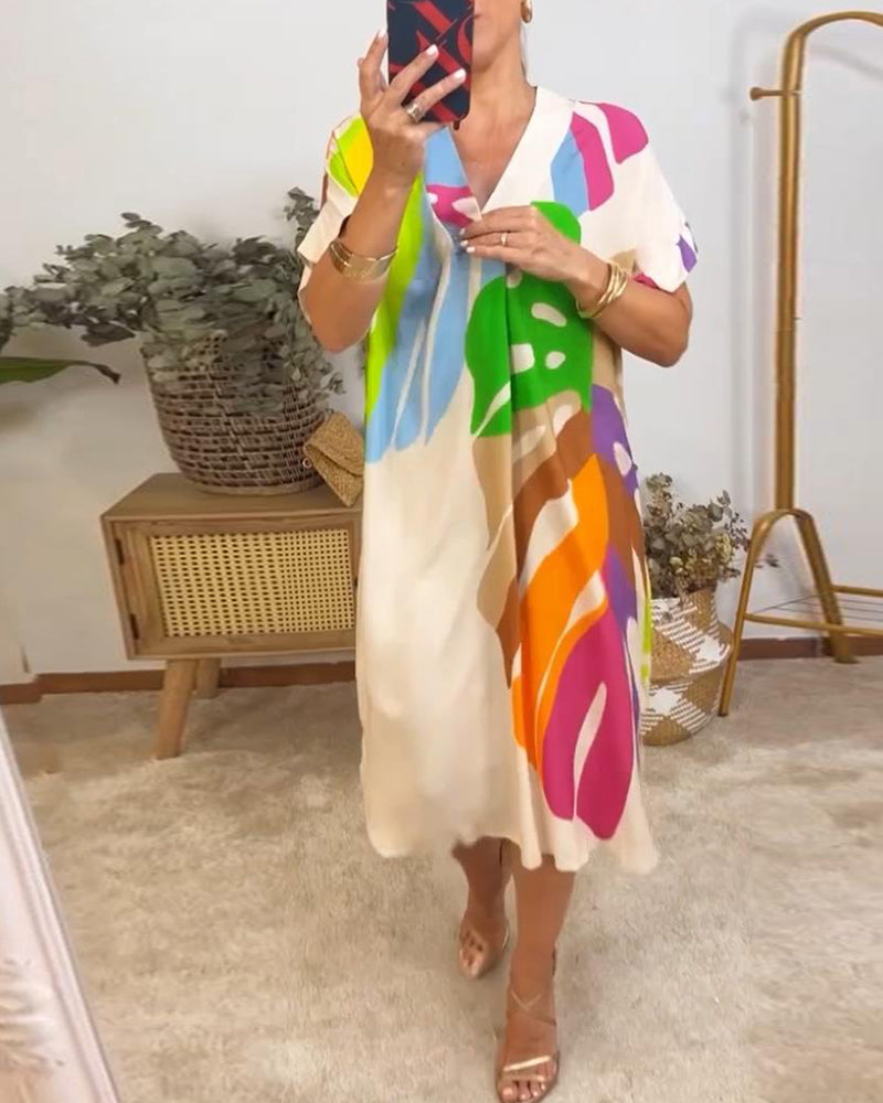Levoire | Robe Midi Bohème À Col V Avec Un Col Coloré Beige