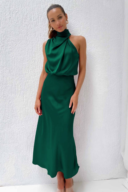 Levoire | Robe longue en satin avec décolleté américain Vert
