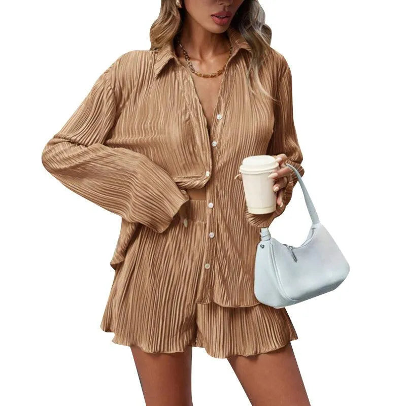 Levoire | Taille avec shorts et manches longues, retourné, uni, décontracté plissé Khaki