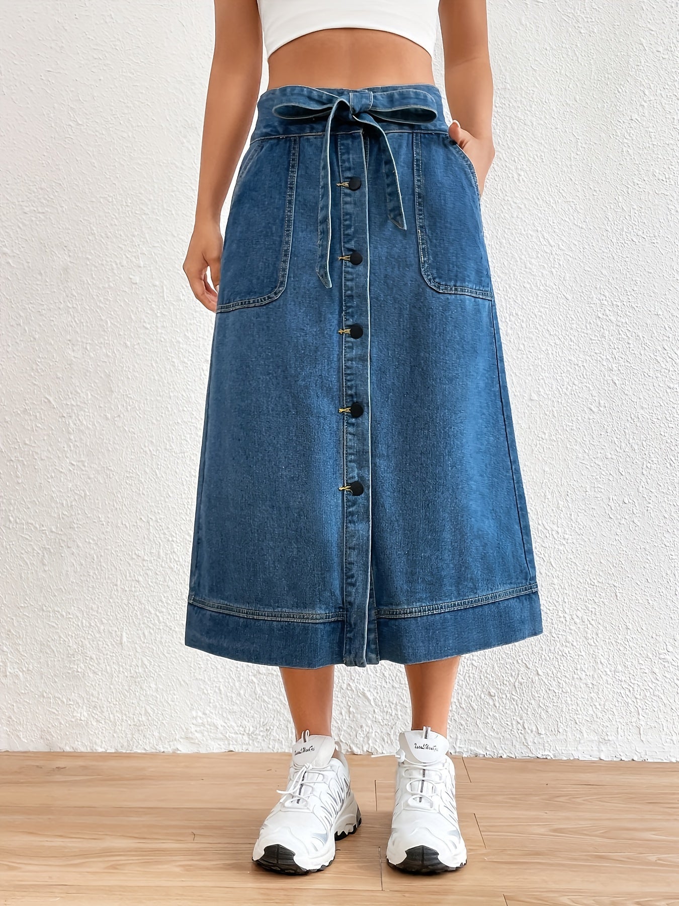 Levoire | Jupe Midi En Denim Uni Avec Ceinture À Nouer