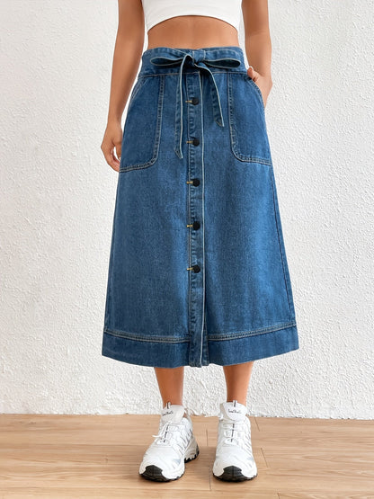Levoire | Jupe Midi En Denim Uni Avec Ceinture À Nouer