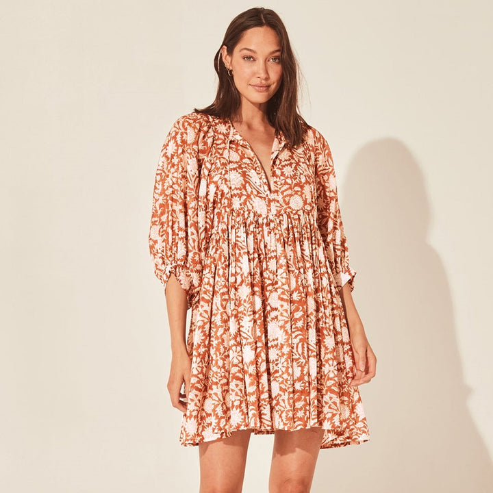 Levoire | Robe Courte Florale À Manches Bouffantes Braun