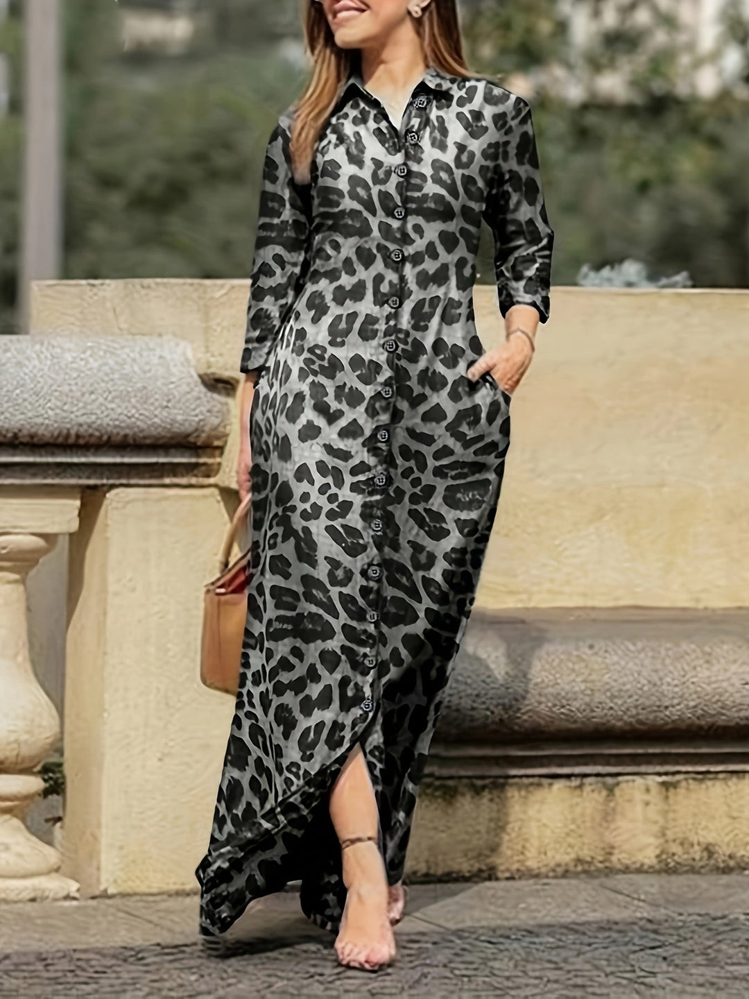 Levoire | Robe Maxi Avec Imprimé Léopard Et Boutons gris