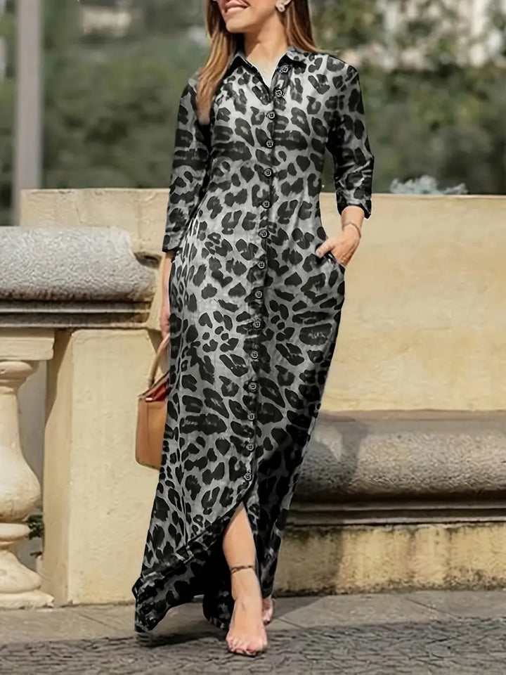 Levoire | Robe Maxi À Motif Léopard Et Boutons Gris