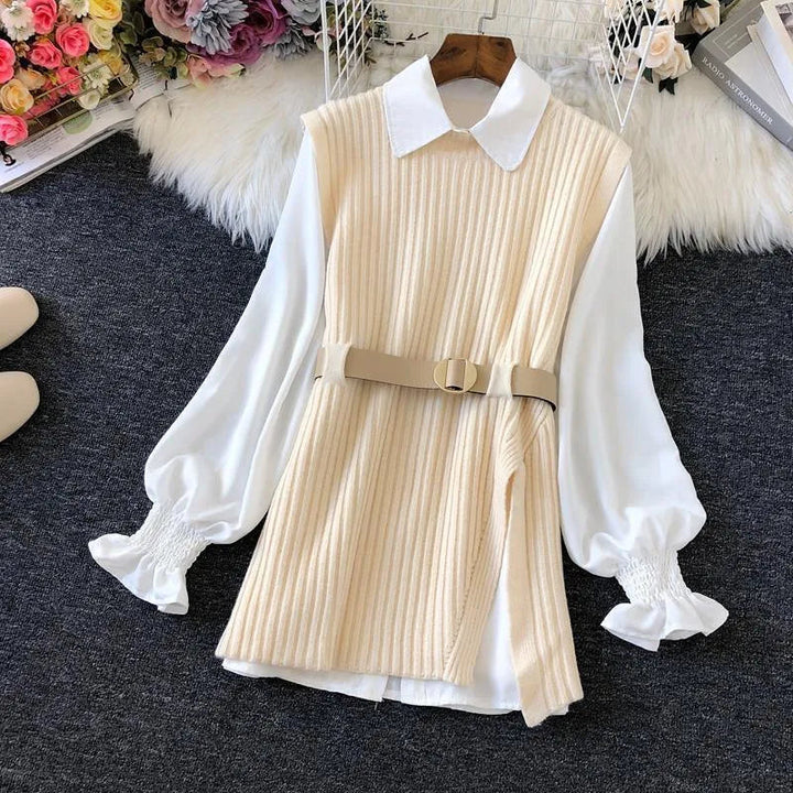 Levoire | Robe femme 2 pièces : chemise blanche et gilet noir avec ceinture Abricot