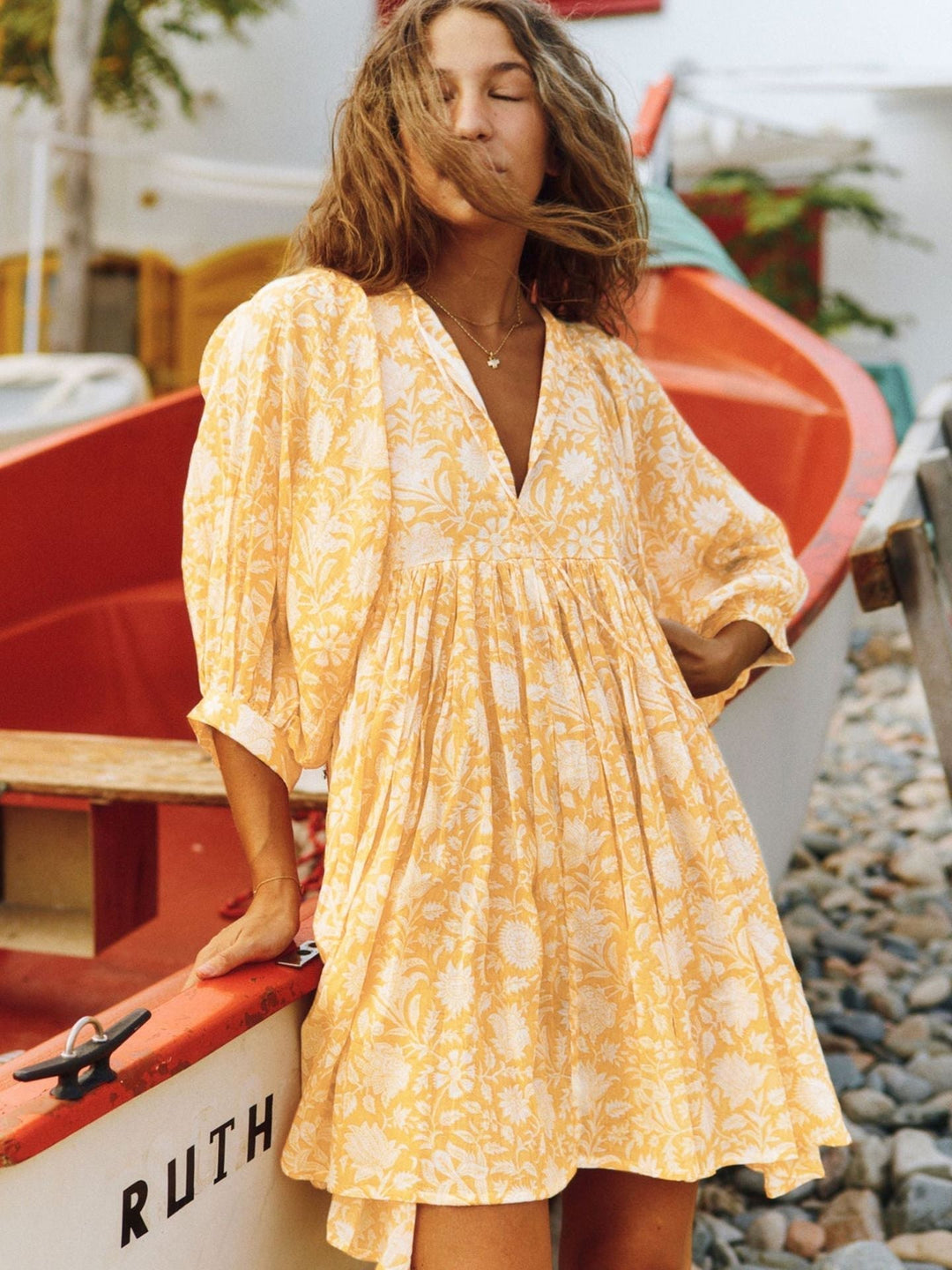 Levoire | Robe Courte Florale À Manches Bouffantes Jaune