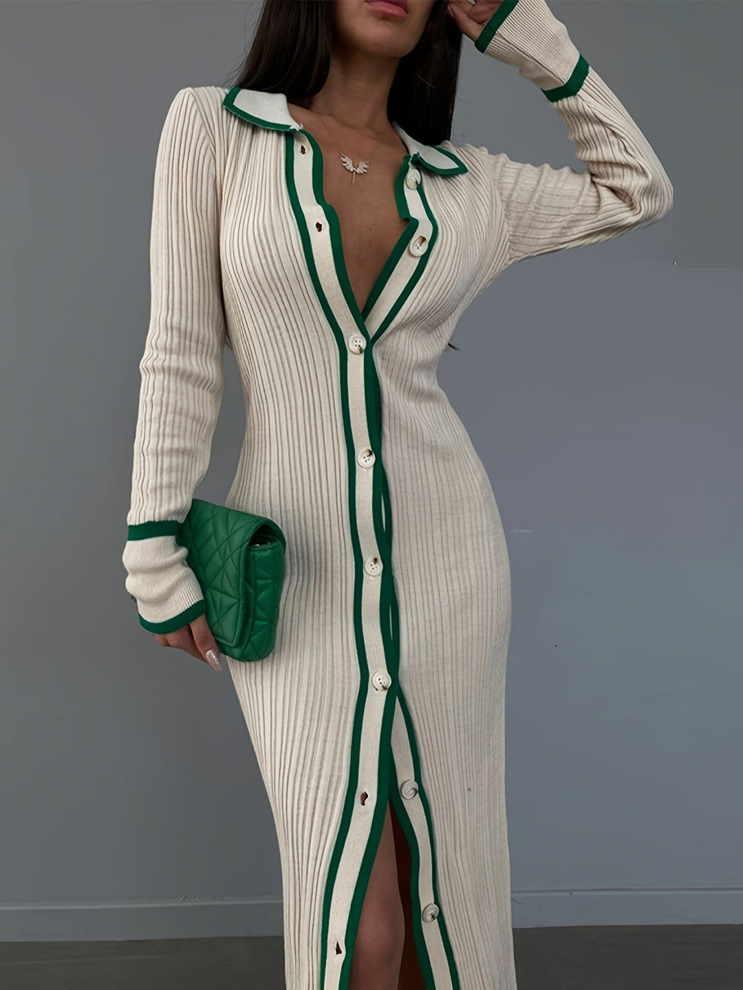 Levoire | Décoration Contrastante Et Patte De Boutonnage À L'Avant, Robe Élégante Et Étroite Avec Col Long Pour Le Printemps Et L'Automne, Vêtements Pour Femmes
