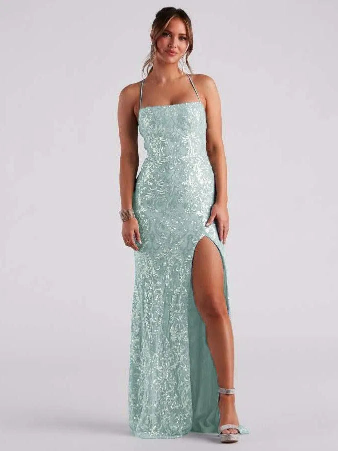 Levoire | Robe de soirée avec des paillettes et un large décolleté Vert clair