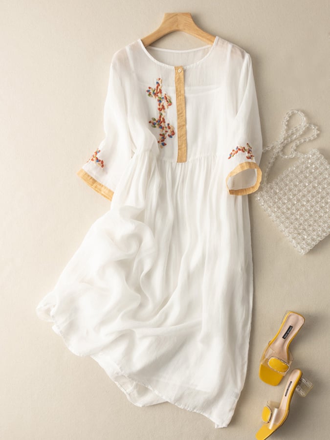Levoire | Robe Brodée En Coton Et Lin Blanc