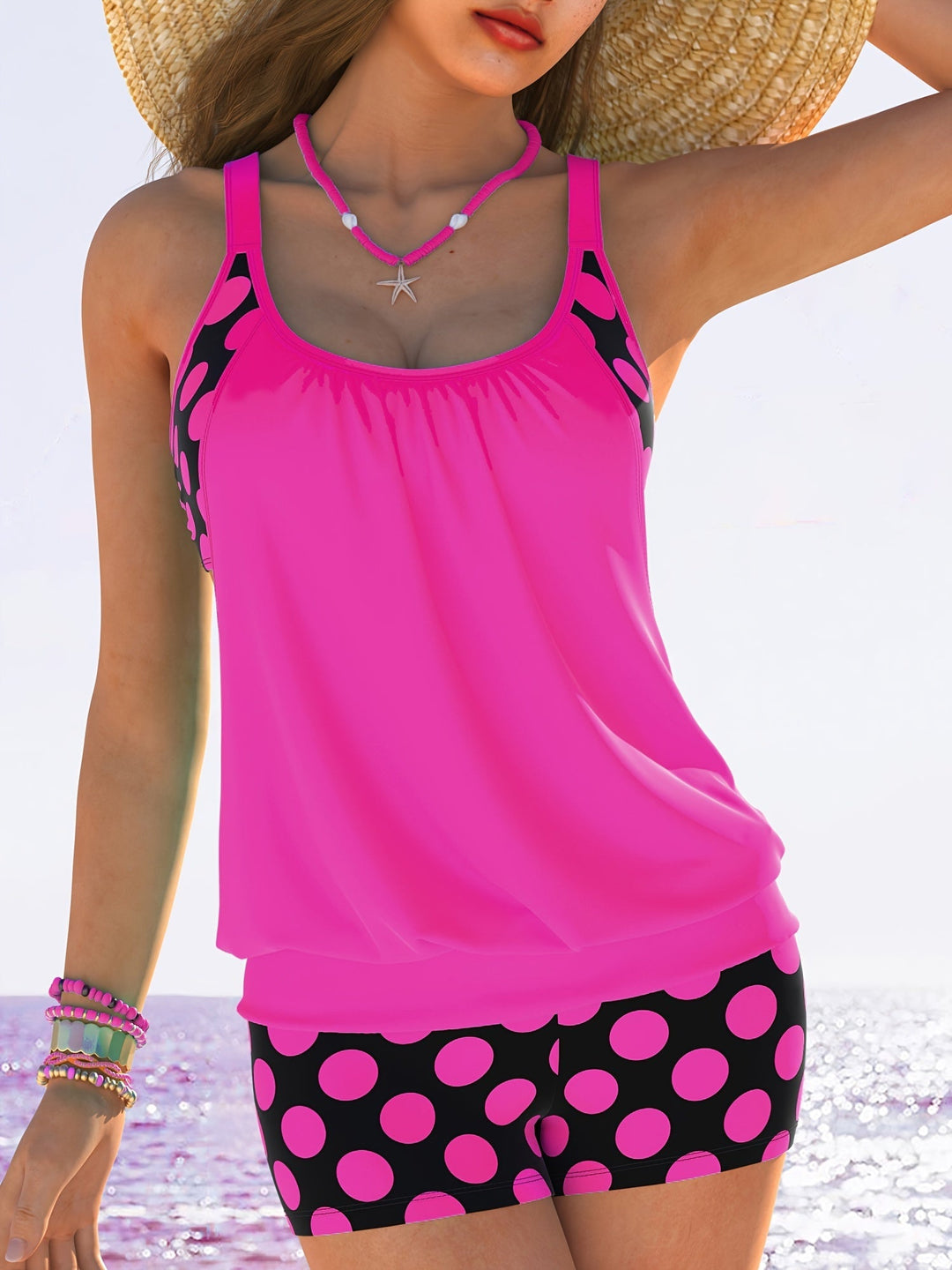Levoire | Haut De Tankini À Pois Avec Top Flottant Pour Femmes Magenta