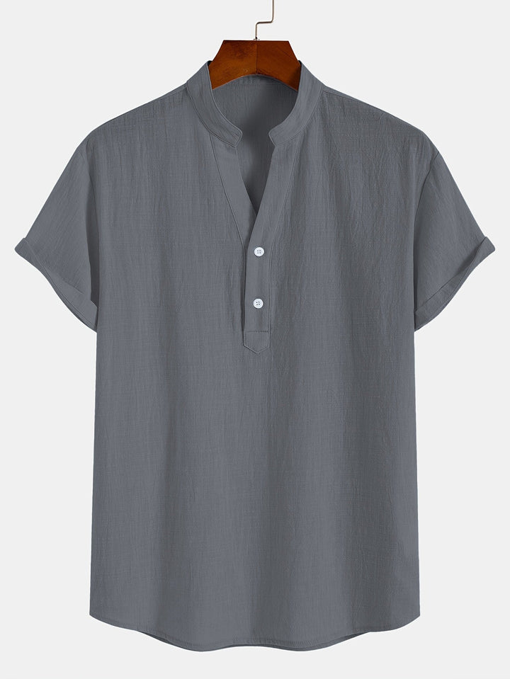 Levoire | T-Shirt Henley À Manches Courtes Unies Avec Col En V Profond
