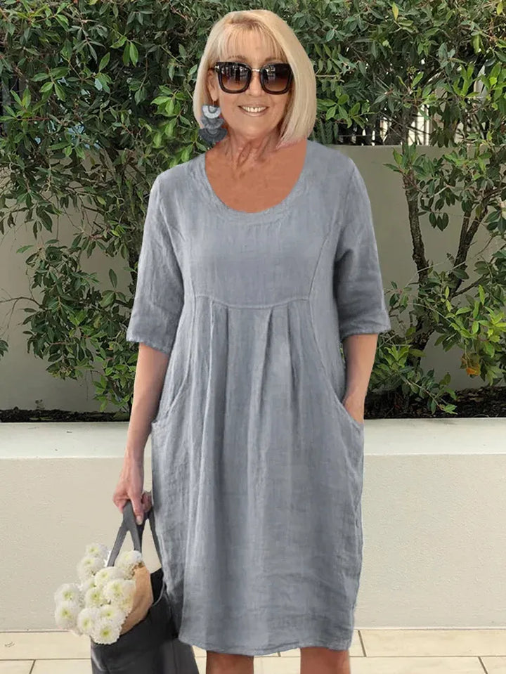 Levoire | Robe tunique midi en coton lin à poches de couleur unie Gris