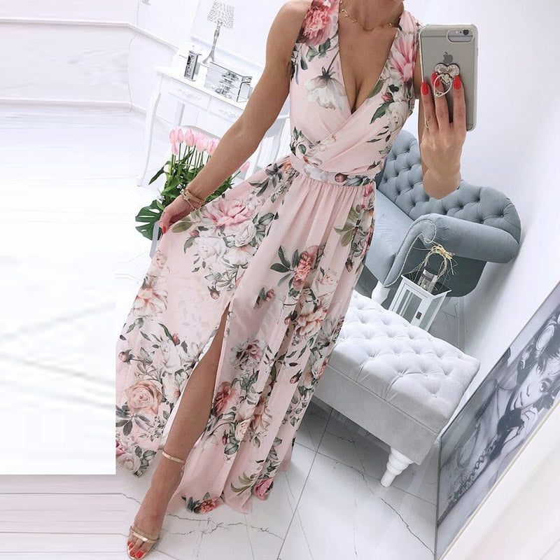 Levoire | Robe de plage sans manches à col en V profond pour femme Chiffon Rose