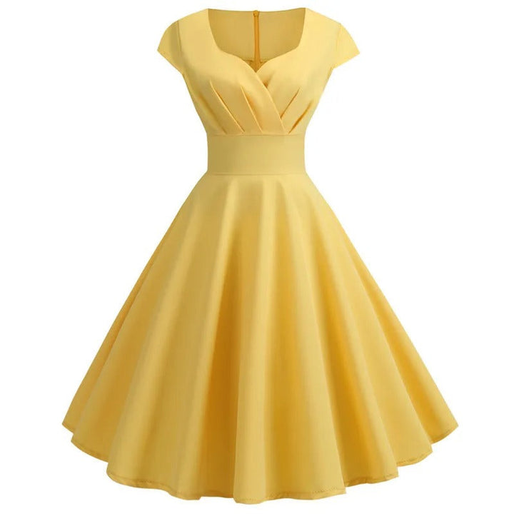 Levoire | Robe À Bascule Vintage Avec Décolleté En V Élégance Froncée Jaune