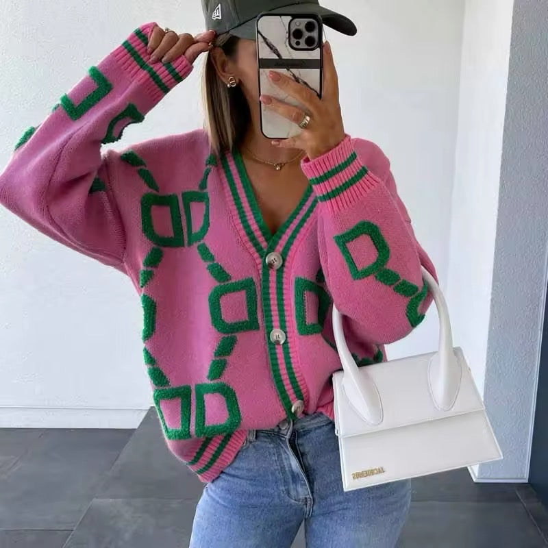 Levoire | Gilet En Tricot Rose Avec Des Motifs Géométriques Verts