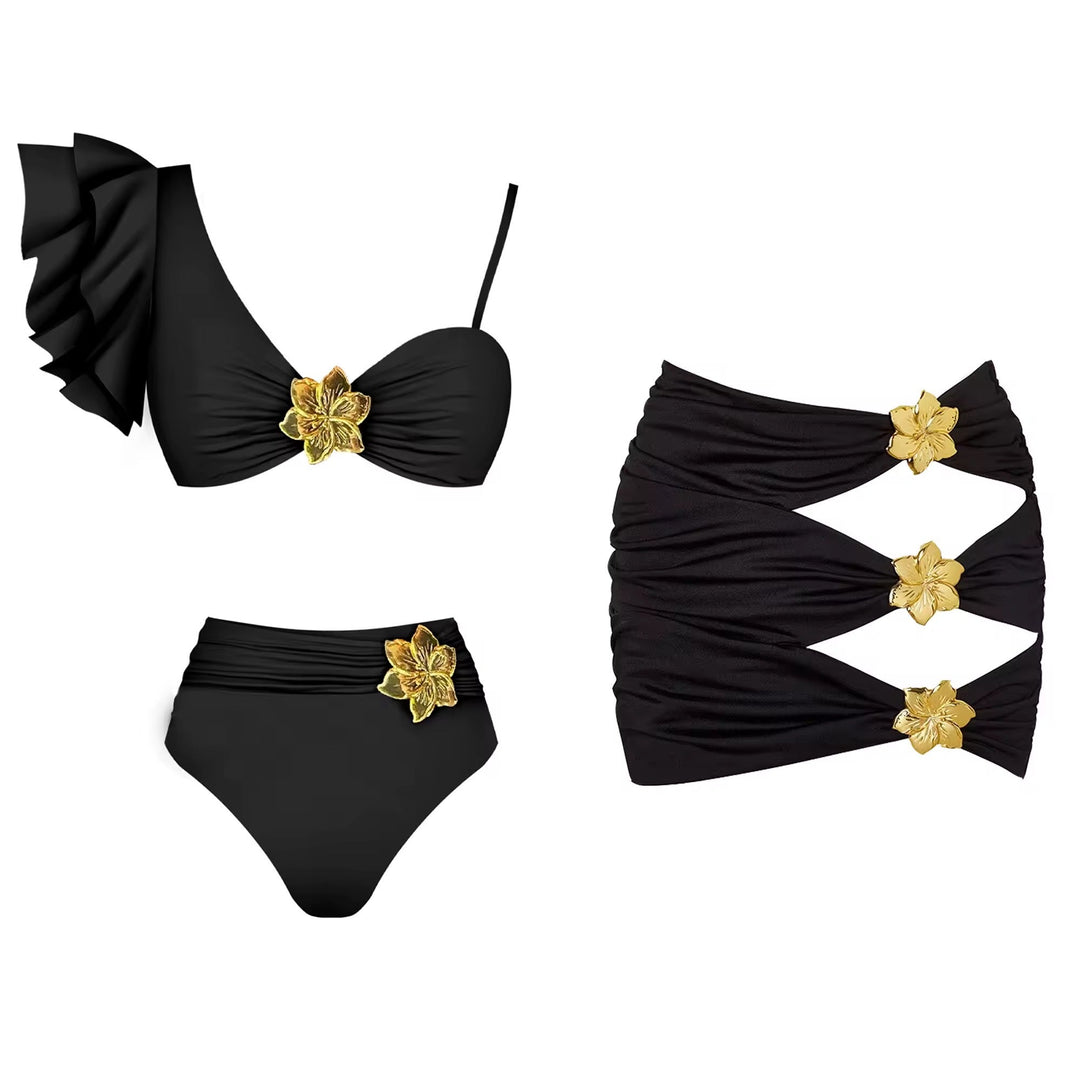 Levoire | Ensemble De Bikini Noir Avec Détails De Fleurs Dorées