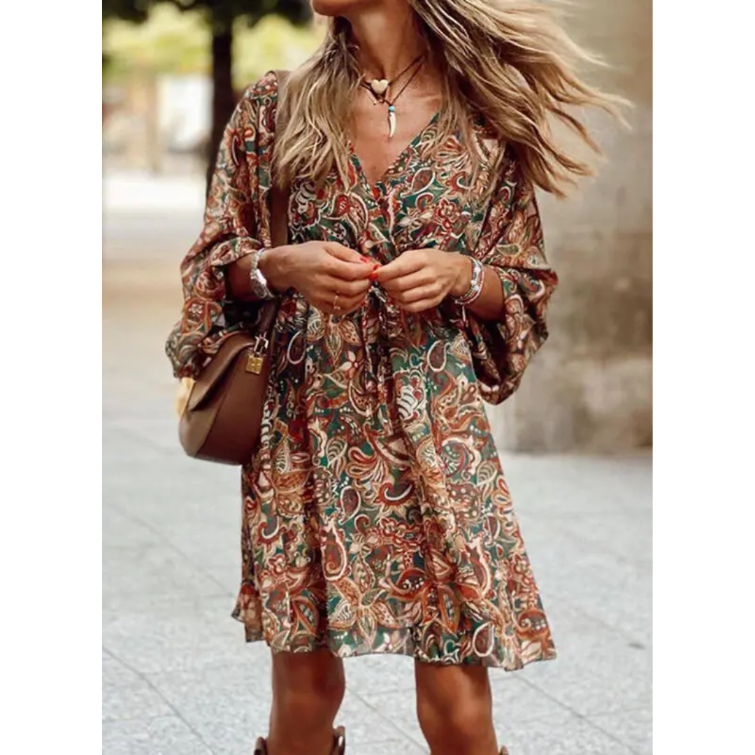 Levoire | Robe mini été à manches longues bohème pour femmes Braun