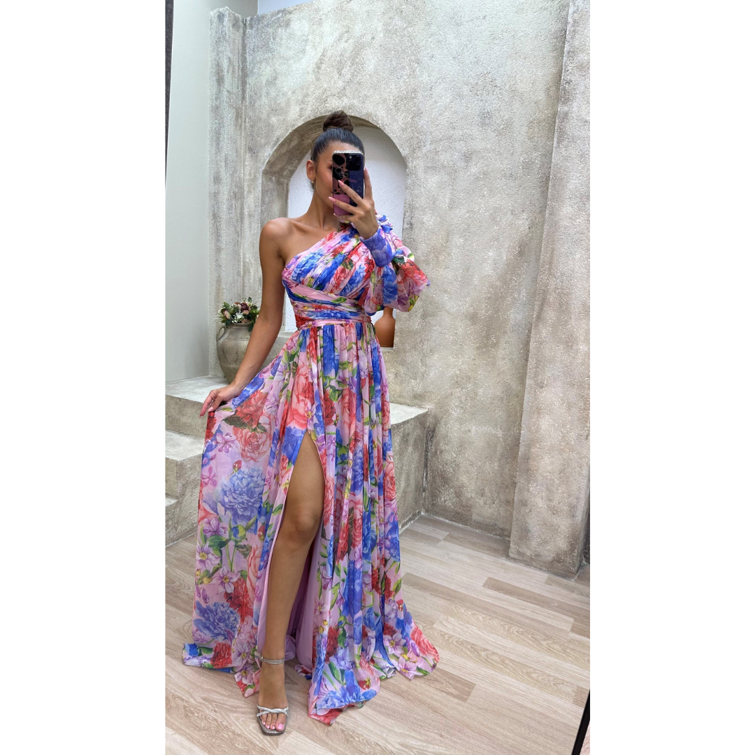 Levoire | Robe D'Invité De Mariage Asymétrique À Imprimé Floral - Maxi Arc-en-ciel