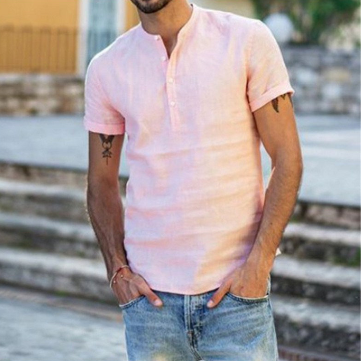 Levoire | Chemise en lin pour hommes stylée décontractée chic blouse d'été T-shirt T-Shirt Rosa