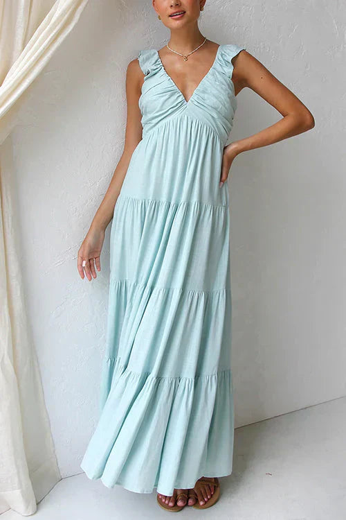Levoire | Robe longue sans manches à encolure en V et bordée de volants Bleu ciel
