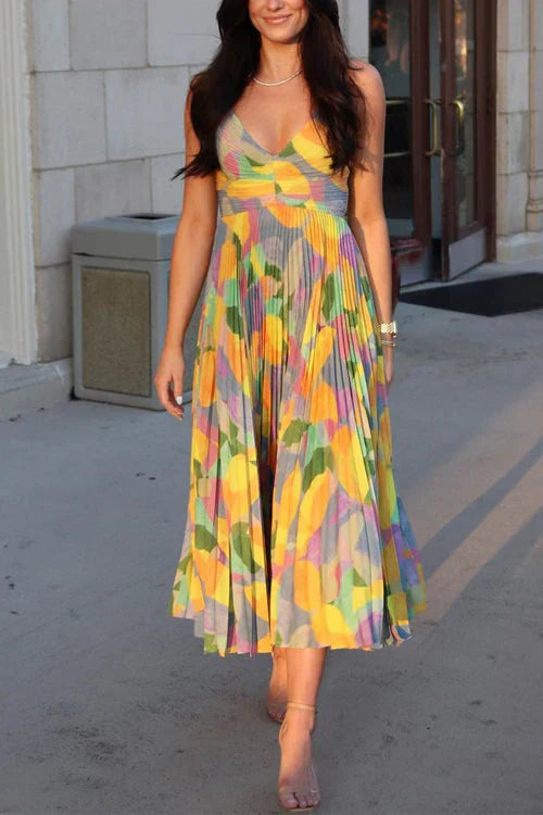 Levoire | Robe cami midi imprimée à taille haute et plissée, col en V Jaune
