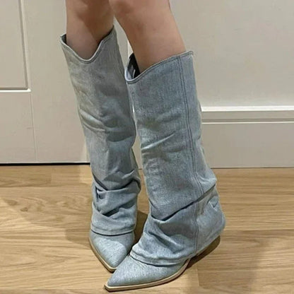 Levoire | Bottes Cowboy En Denim À Talon Haut Bleu