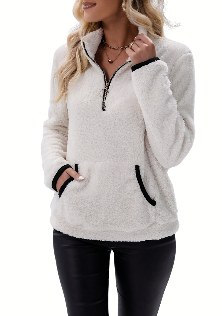 Levoire | Pull En Polaire Long À Manches Longues Chaud Avec Fermeture Éclair Mi-Hauteur Blanc