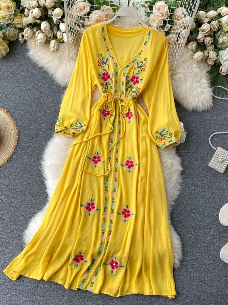 Levoire | Robe Longue À Col En V Brodée Une taille Jaune
