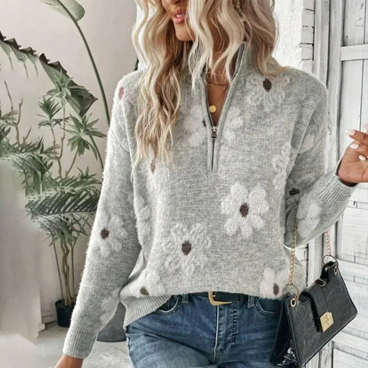 Levoire | Pull femme avec fleurs - Gris