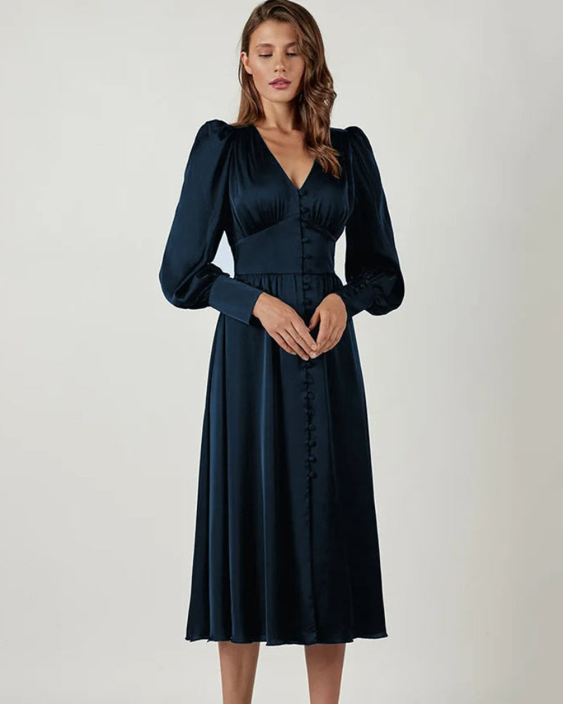 Levoire | Robe Maxi en Soie Décolleté en V pour Femmes Bleu marine