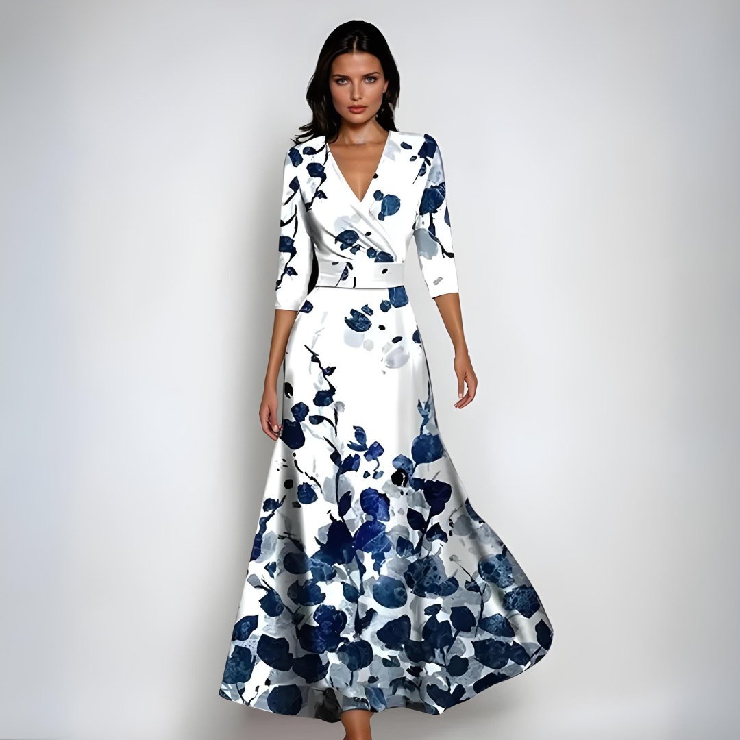 Levoire | Robe Maxi Avec Décolleté En V Et Imprimé Abstrait Éclatant Pour Femmes Blanc Bleu