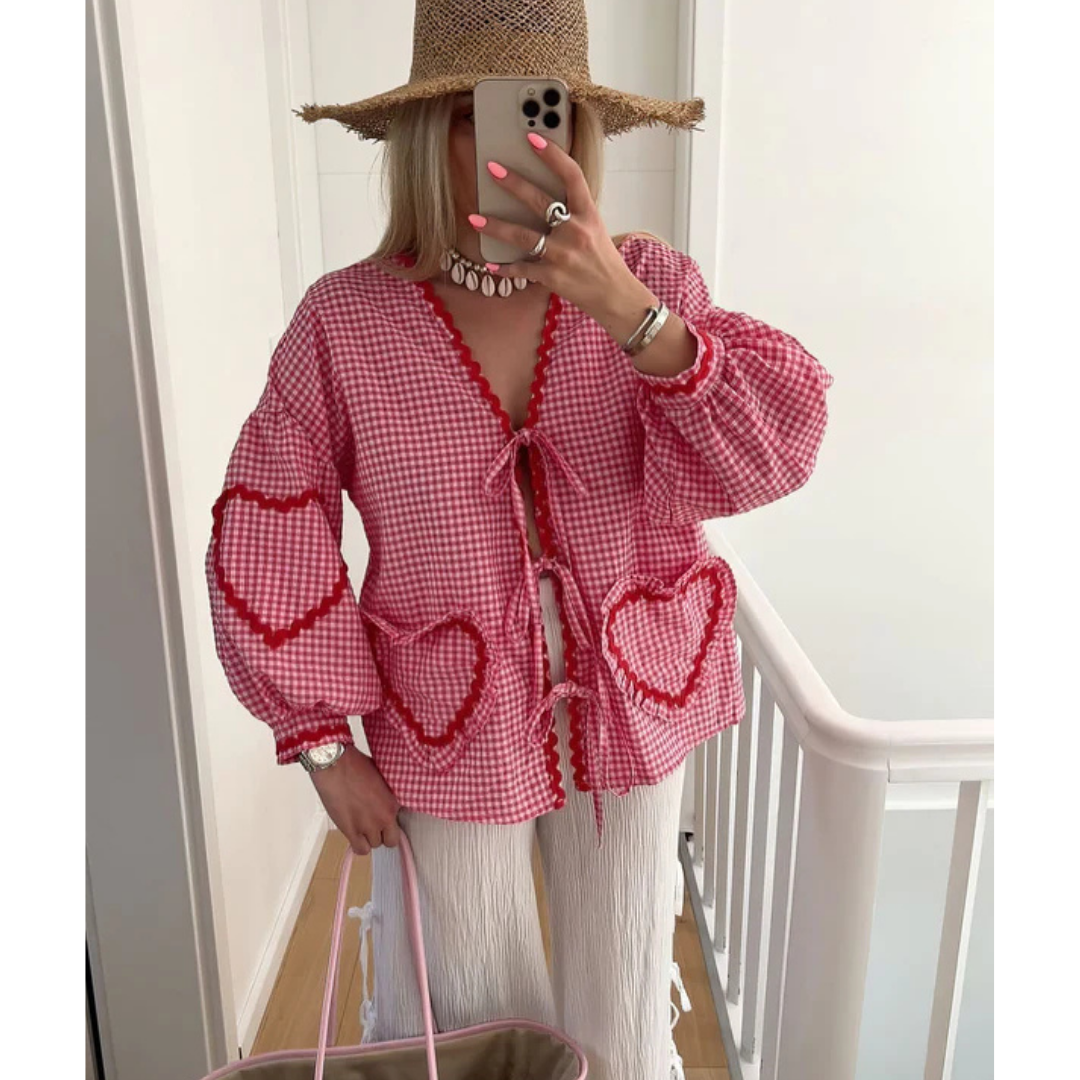 Levoire | Chemise Femme Avec Fermeture À Nœud - Poches En Forme De Cœur Rouge