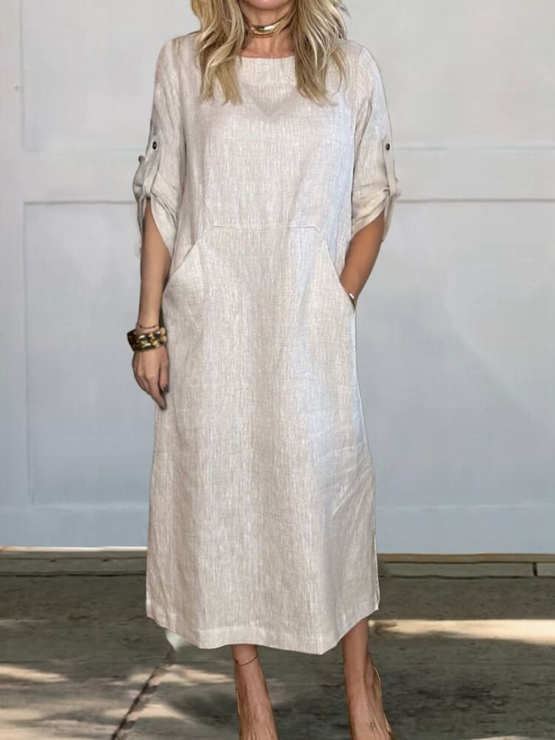 Levoire | Robe En Lin Unie Avec Poches Pour Femmes Blanc