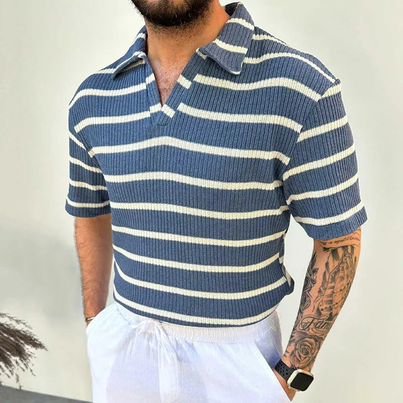 Levoire | T-Shirt Rayé Pour Hommes À Manches Courtes Bleu