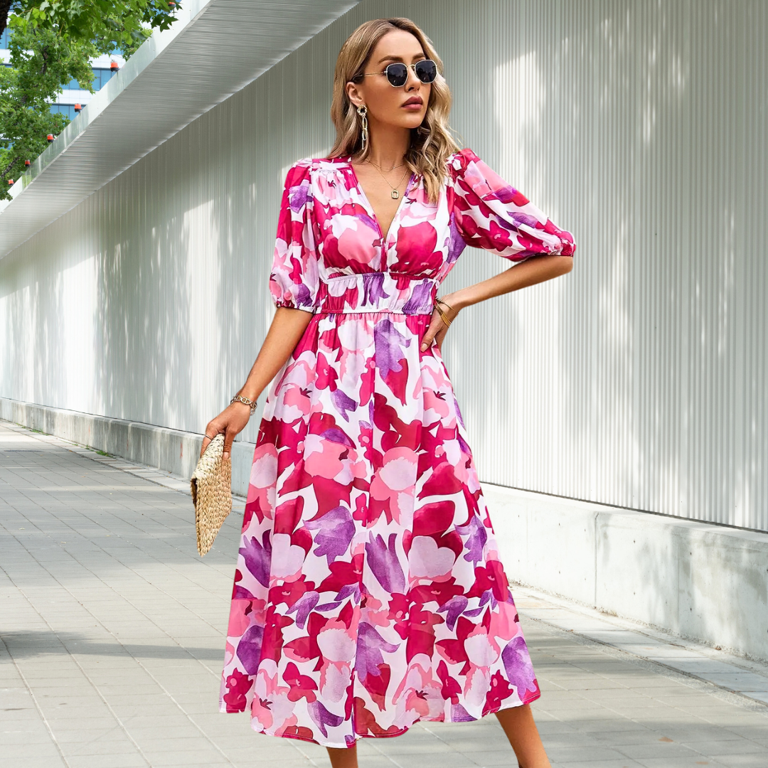 Levoire | Robe Intemporelle À Manches Bouffantes Midi Fuchsia
